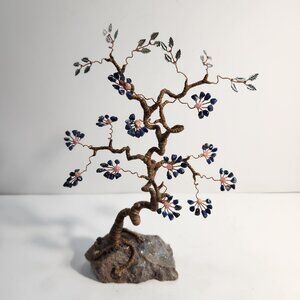 Handcrafted Lapis Lazuli and Rose Quartz Wire Tree on Rock